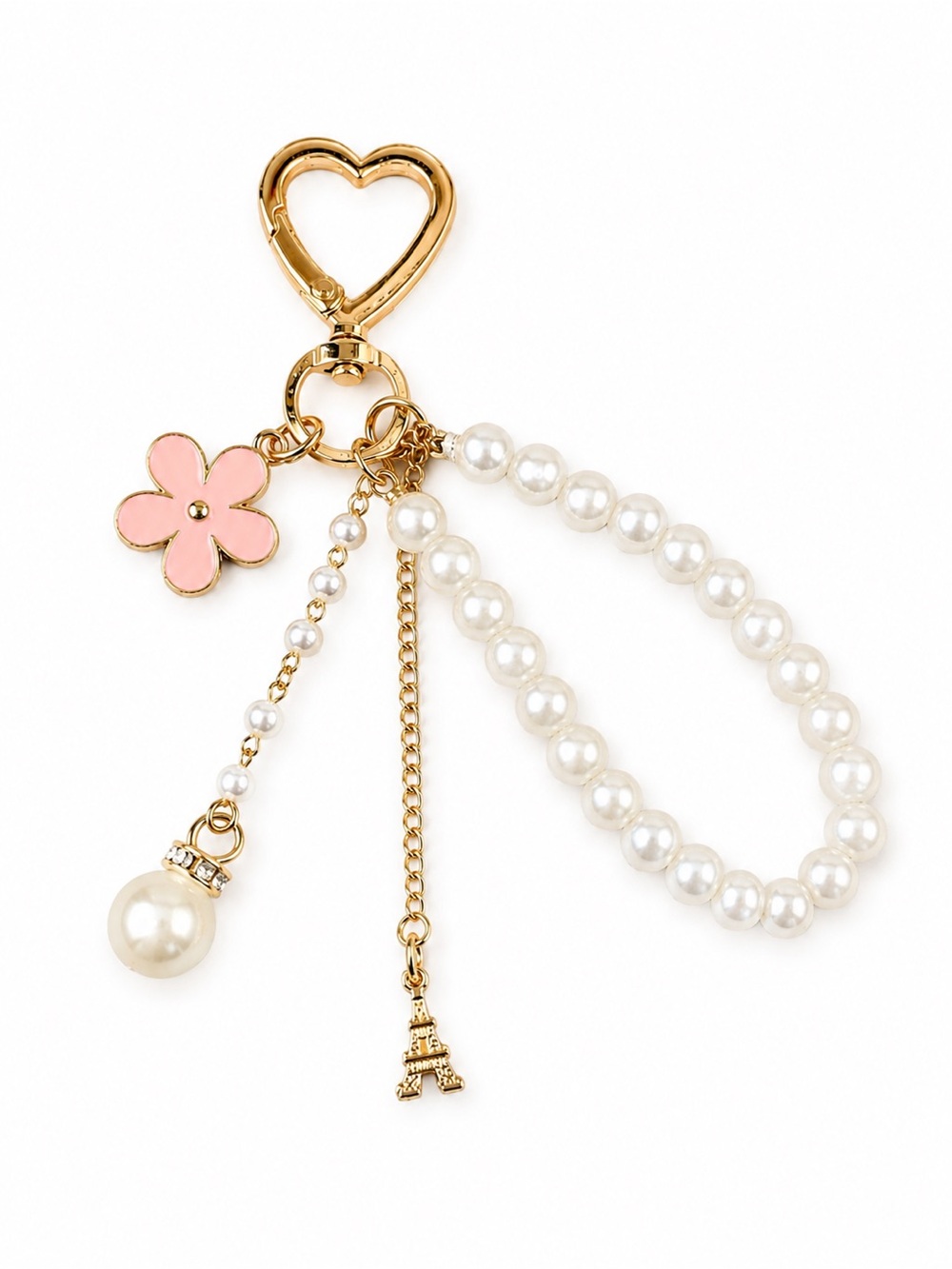 Paris Inspired Pearl Bag Charm Keychain Pink Flower Heart Clasp Eiffel Tower